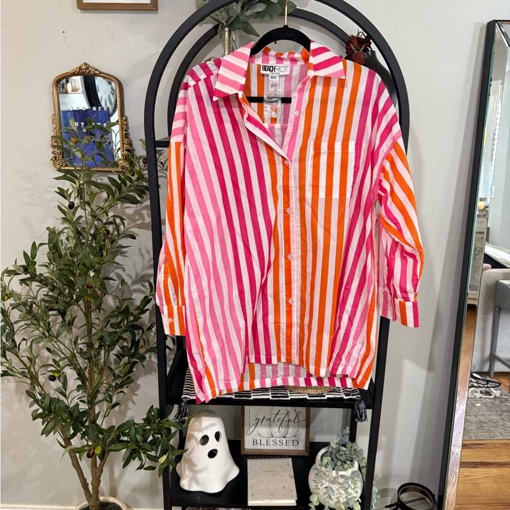 Beach Riot Pink and Orange Striped Button Down Shirt coverup large / XL - Picture 2 of 6